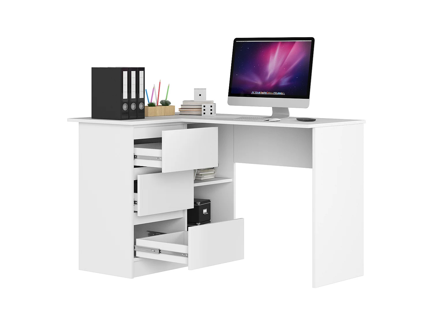 Biurko narożne AKORD B16 Białe 124 cm lewe 3 szuflady kolor Biały mat 2 półki 124x85x77 cm