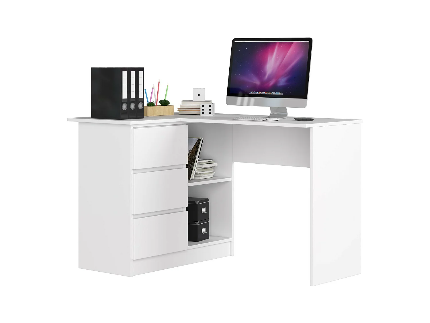 Bureau AKORD d'angle gauche B16 Blanc 124 cm 3 tiroirs façade Blanche 2 étagères 124x85x77 cm