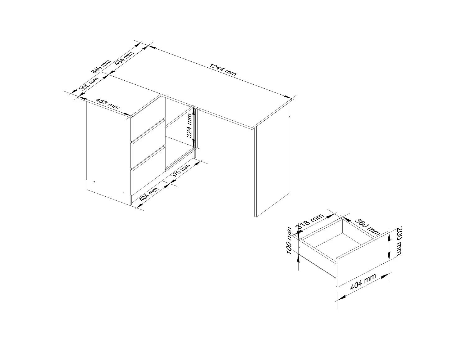 Scrivania angolare AKORD B16 Bianco 124 cm 3 cassetti 124x85x77 cm Modello a sinistra