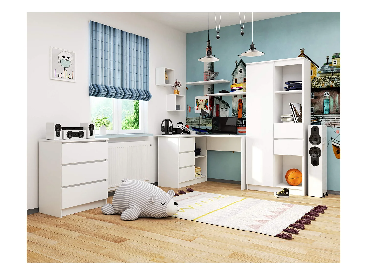 Scrivania angolare AKORD B16 Bianco 124 cm 3 cassetti 124x85x77 cm Modello a sinistra