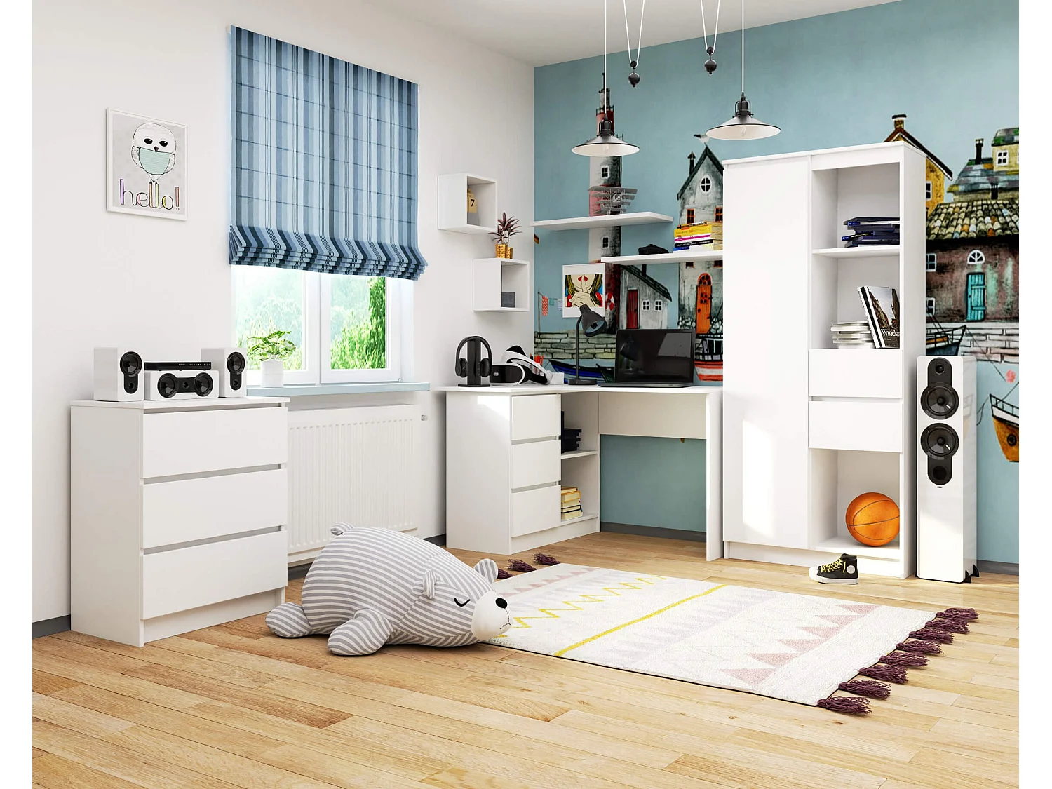 Scrivania angolare AKORD B16 Bianco 124 cm 3 cassetti 124x85x77 cm Modello a sinistra