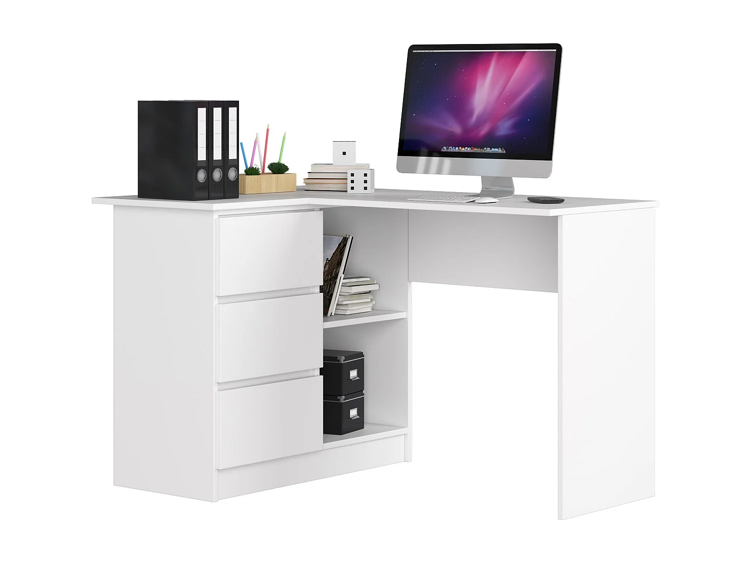 Scrivania angolare AKORD B16 Bianco 124 cm 3 cassetti 124x85x77 cm Modello a sinistra