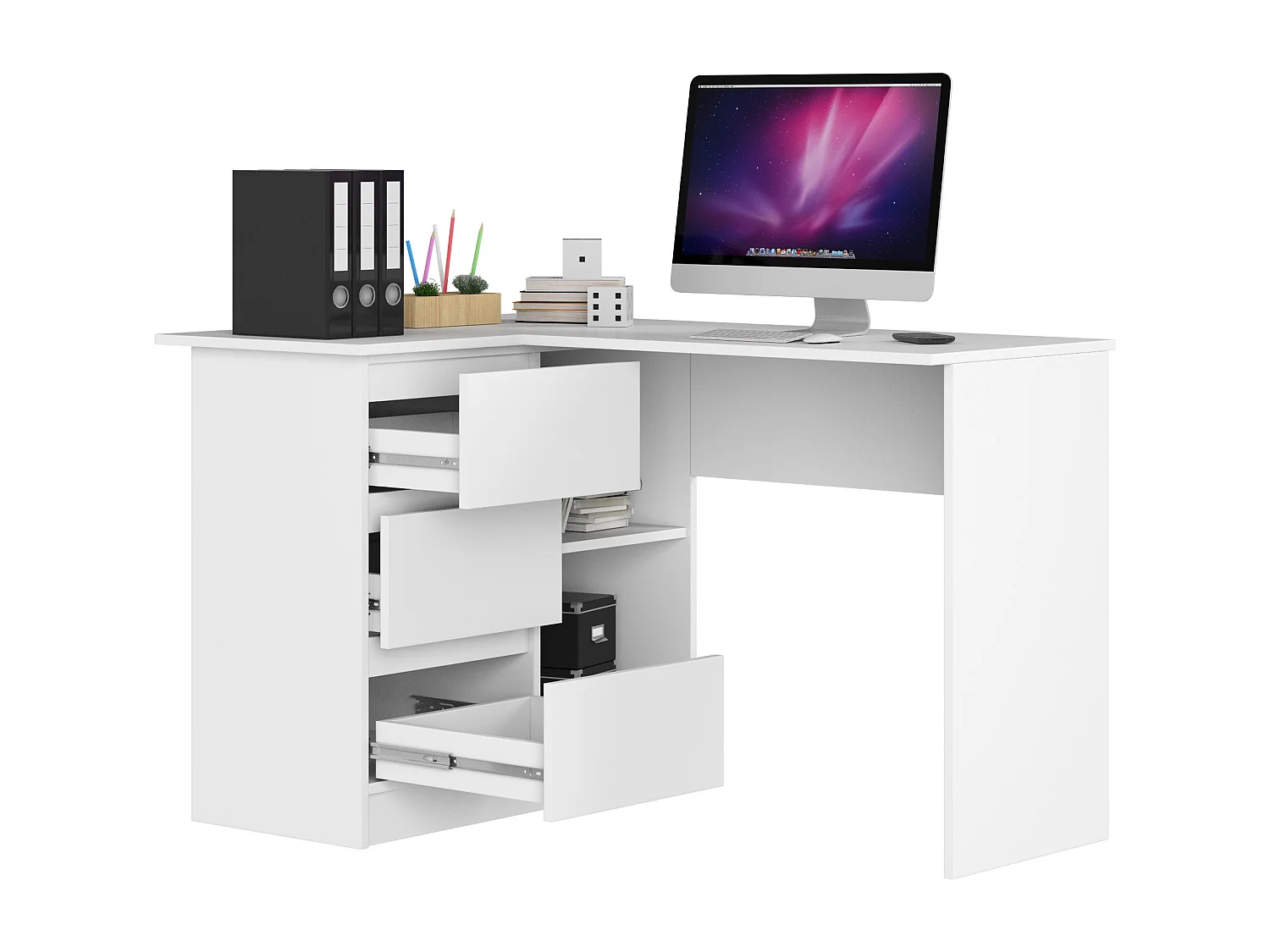 Scrivania angolare AKORD B16 Bianco 124 cm 3 cassetti 124x85x77 cm Modello a sinistra