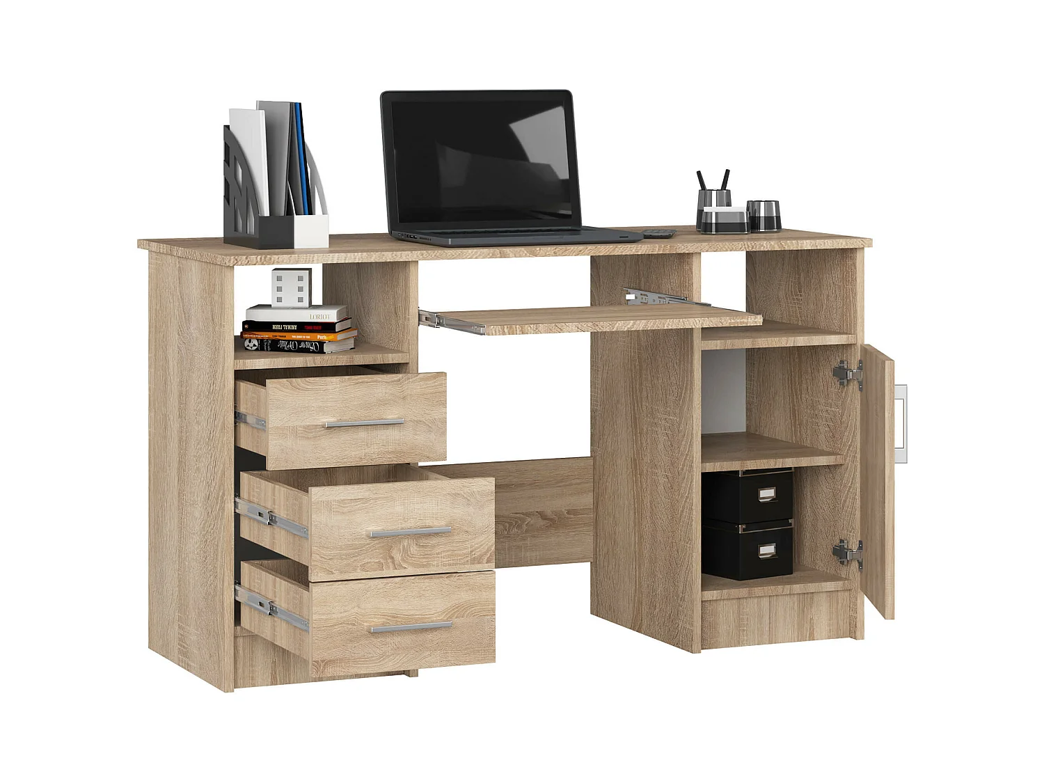 Biurko AKORD ANA Dąb Sonoma 124 cm biurko komputerowe 1 drzwi 3 szuflady kolor Dąb Sonoma mat5 półek 124x52x74 cm