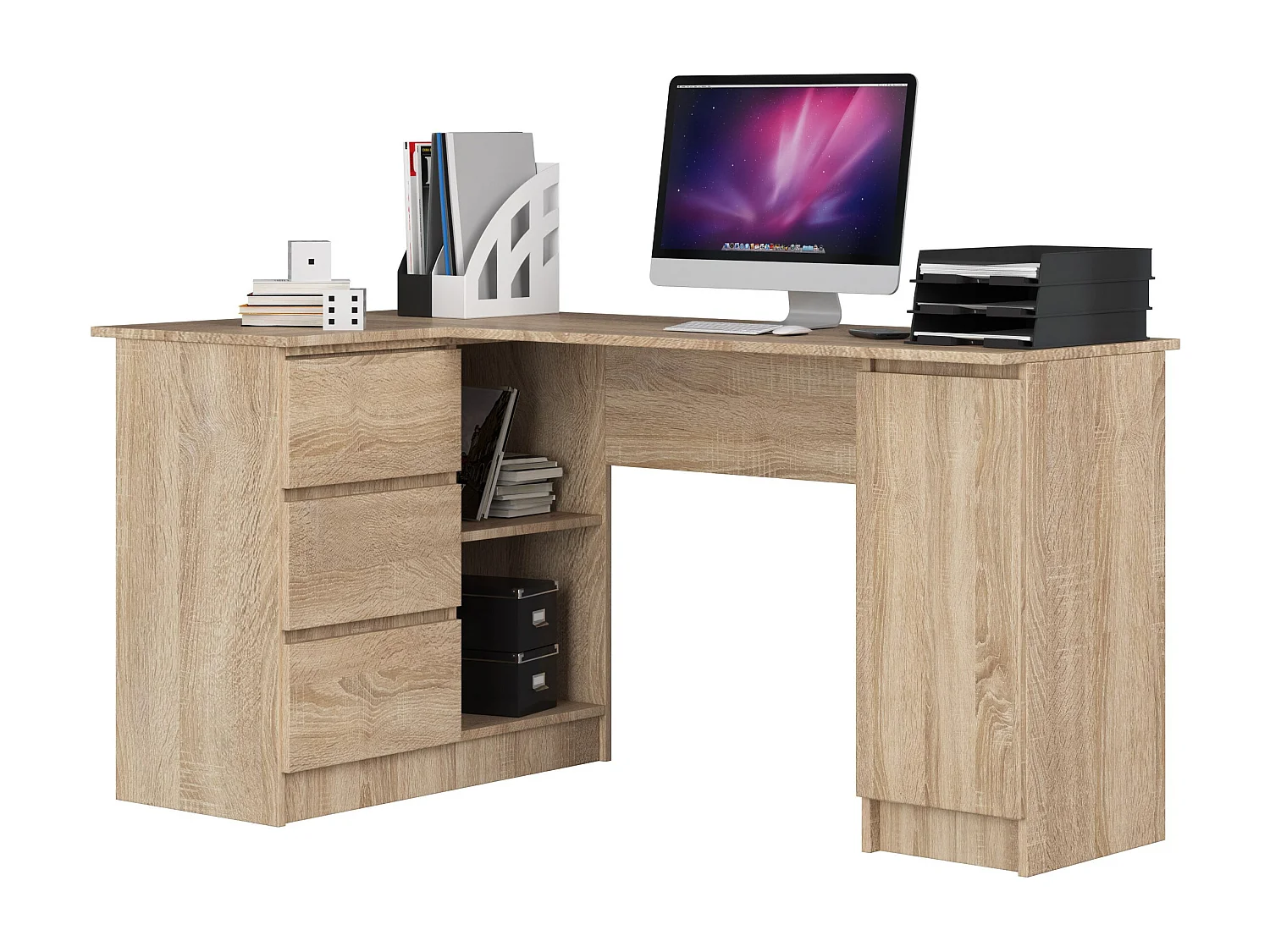 Biurko narożne AKORD B20 Dąb Sonoma 155 cm lewe 1 drzwi 3 szuflady kolor Dąb Sonoma mat 4 półki 155x85x77 cm