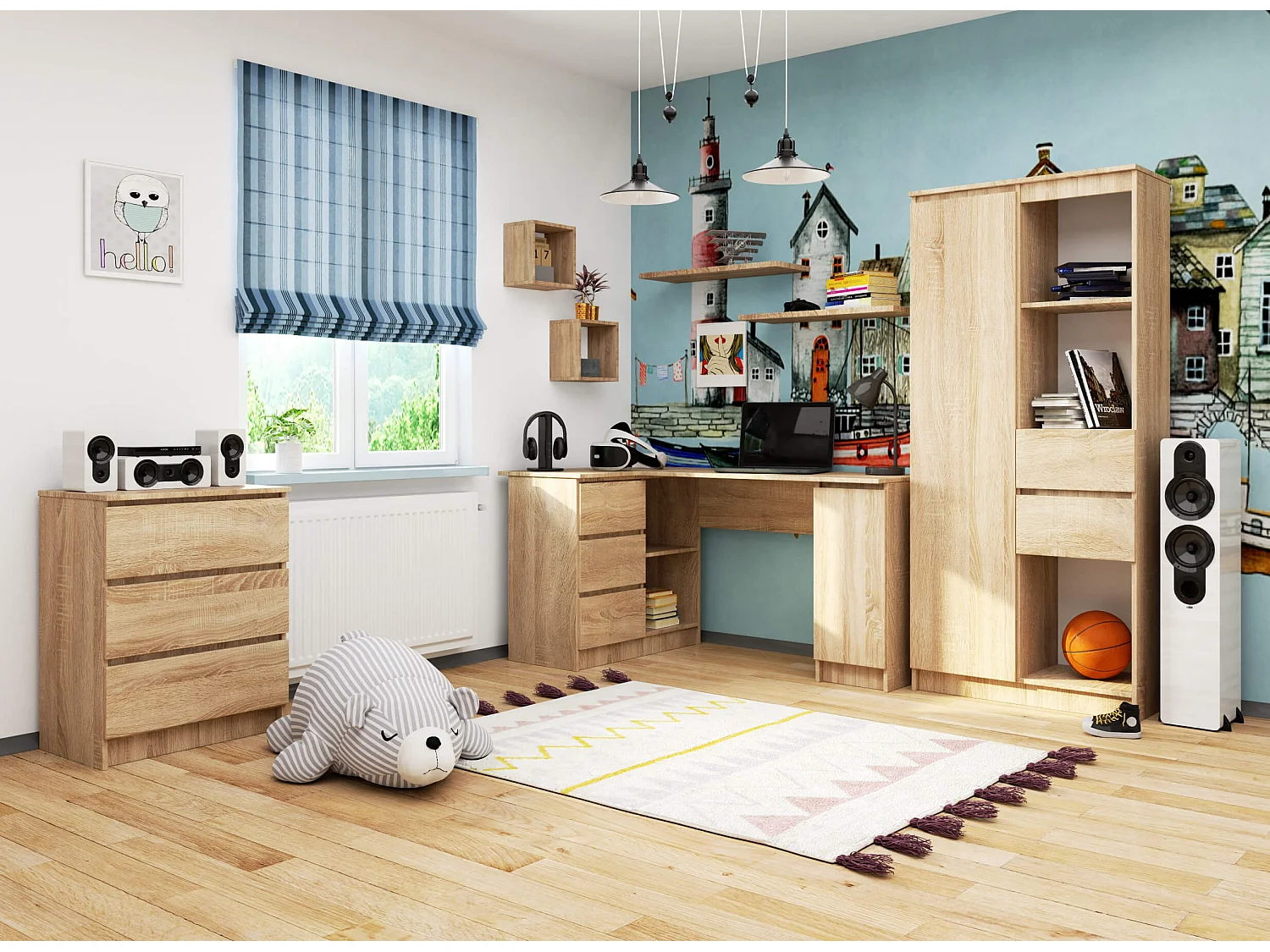 Biurko narożne AKORD B20 Dąb Sonoma 155 cm lewe 1 drzwi 3 szuflady kolor Dąb Sonoma mat 4 półki 155x85x77 cm