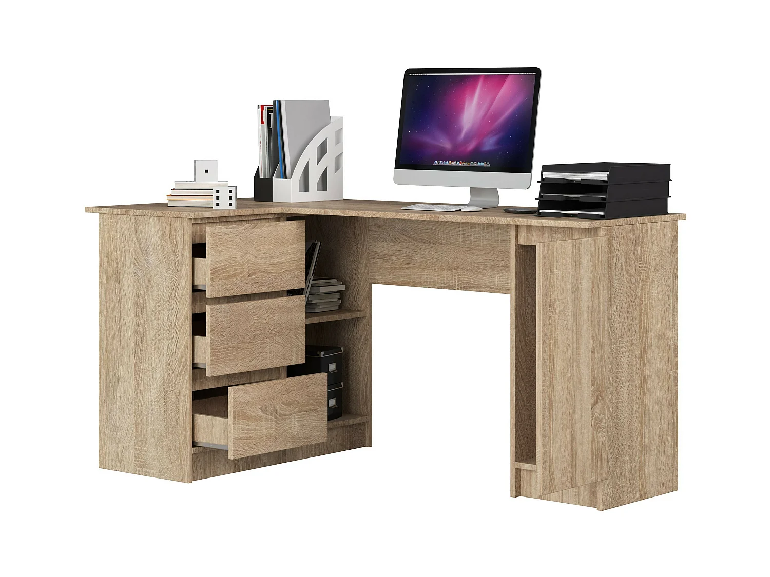 Eck-Schreibtisch AKORD B20 links in der Farbe Sonoma-Eiche mit 3 Schubladen und 4 Ablagen B155 x H77 x T85 cm