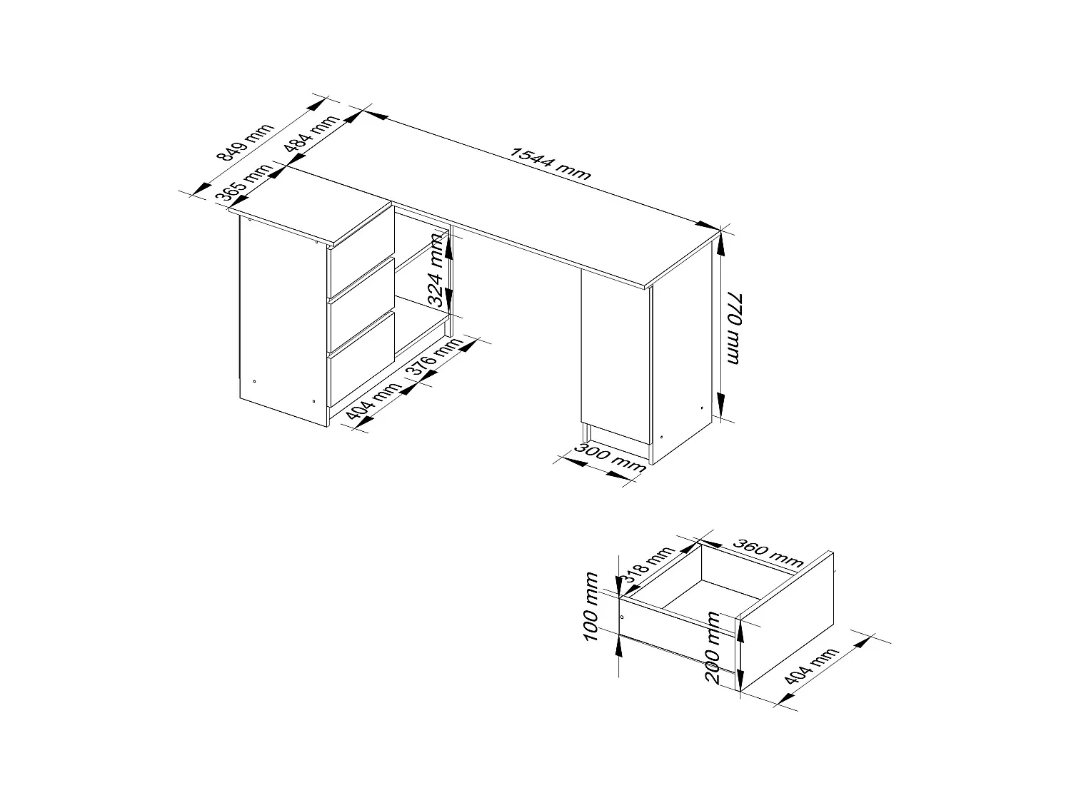 Eck-Schreibtisch AKORD B20 links in der Farbe Sonoma-Eiche mit 3 Schubladen und 4 Ablagen B155 x H77 x T85 cm