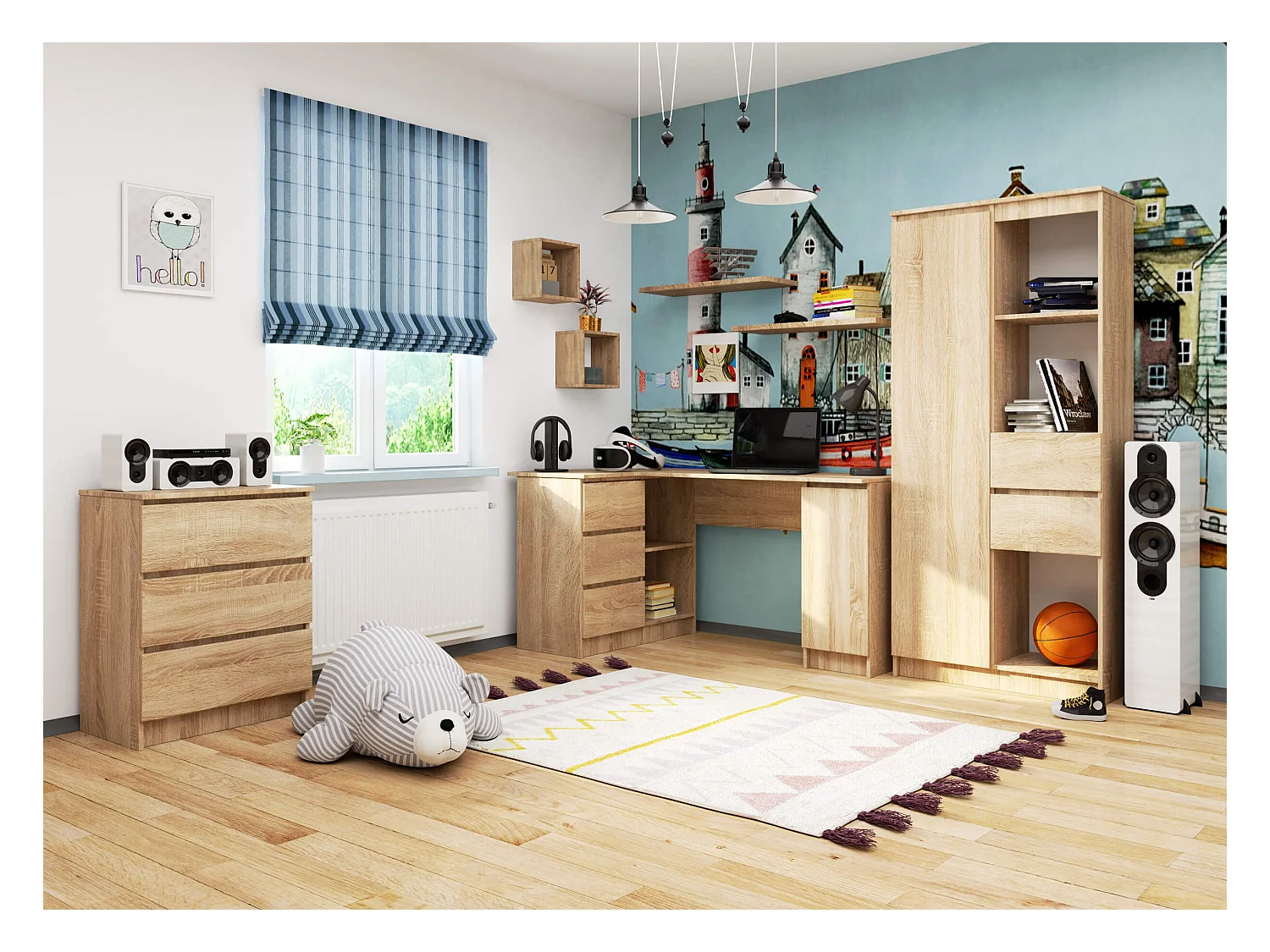 Eck-Schreibtisch AKORD B20 links in der Farbe Sonoma-Eiche mit 3 Schubladen und 4 Ablagen B155 x H77 x T85 cm