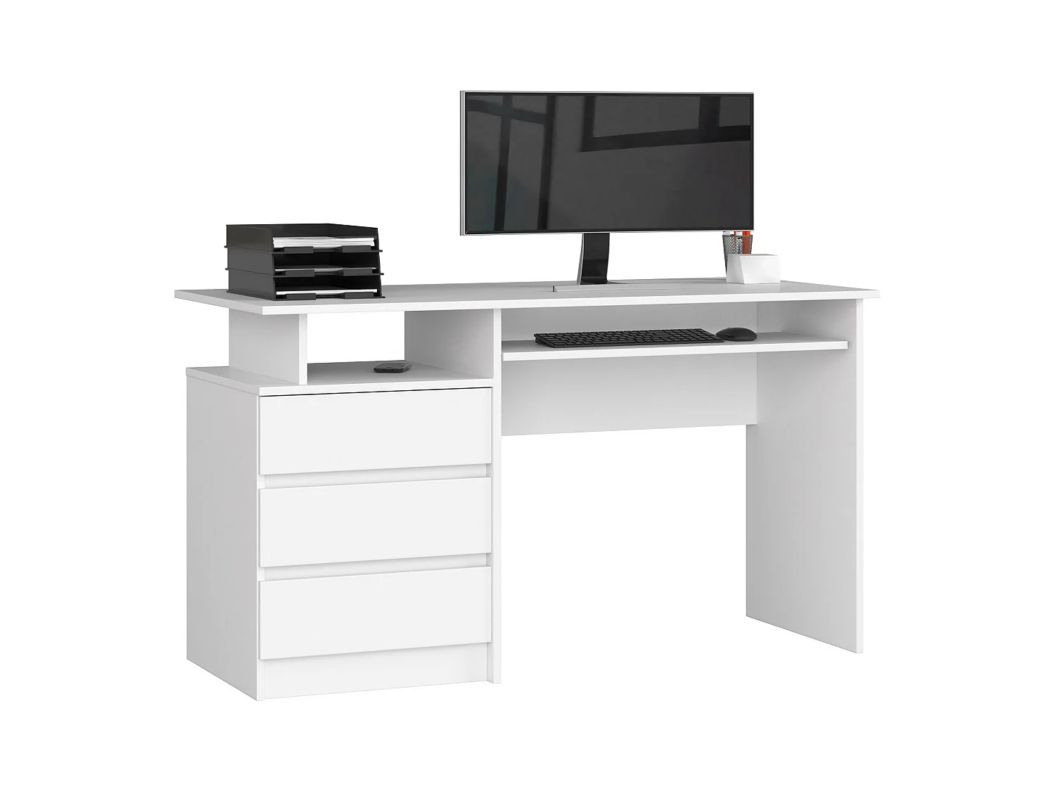 Bureau d'ordinateur AKORD CLP Blanc 135 cm 3 tiroirs façade Blanche 2 étagères 135x60x77 cm