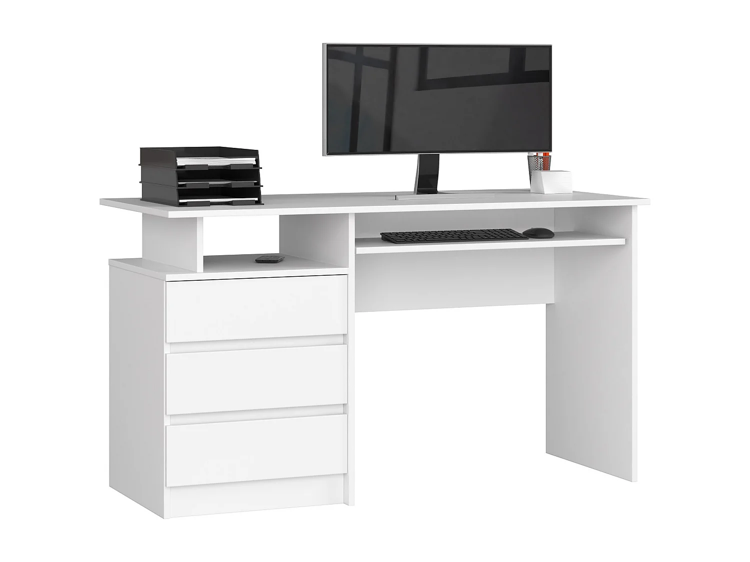 Bureau d'ordinateur AKORD CLP Blanc 135 cm 3 tiroirs façade Blanche 2 étagères 135x60x77 cm