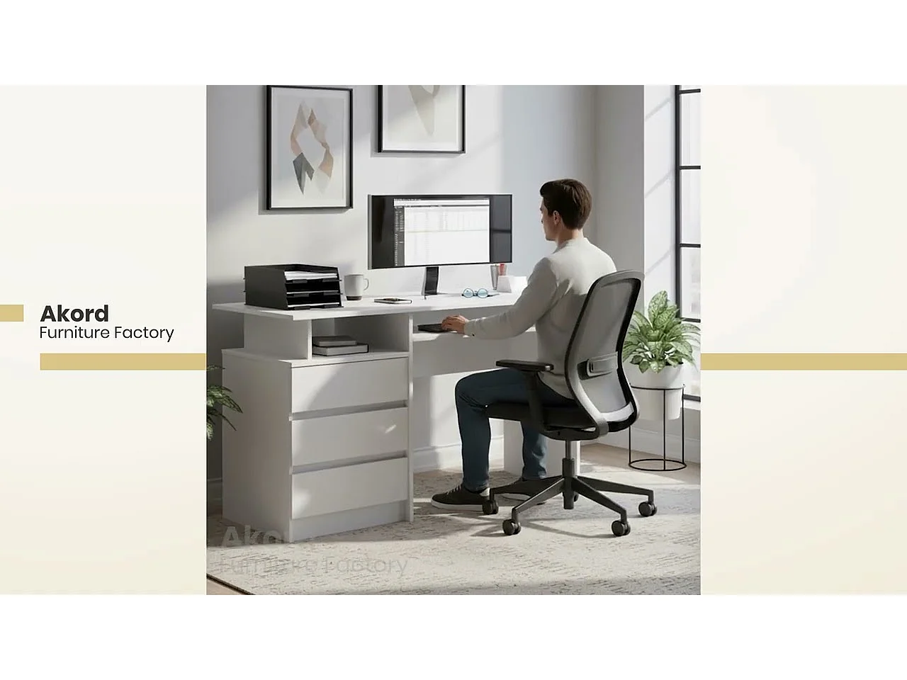 Bureau d'ordinateur AKORD CLP Blanc 135 cm 3 tiroirs façade Blanche 2 étagères 135x60x77 cm