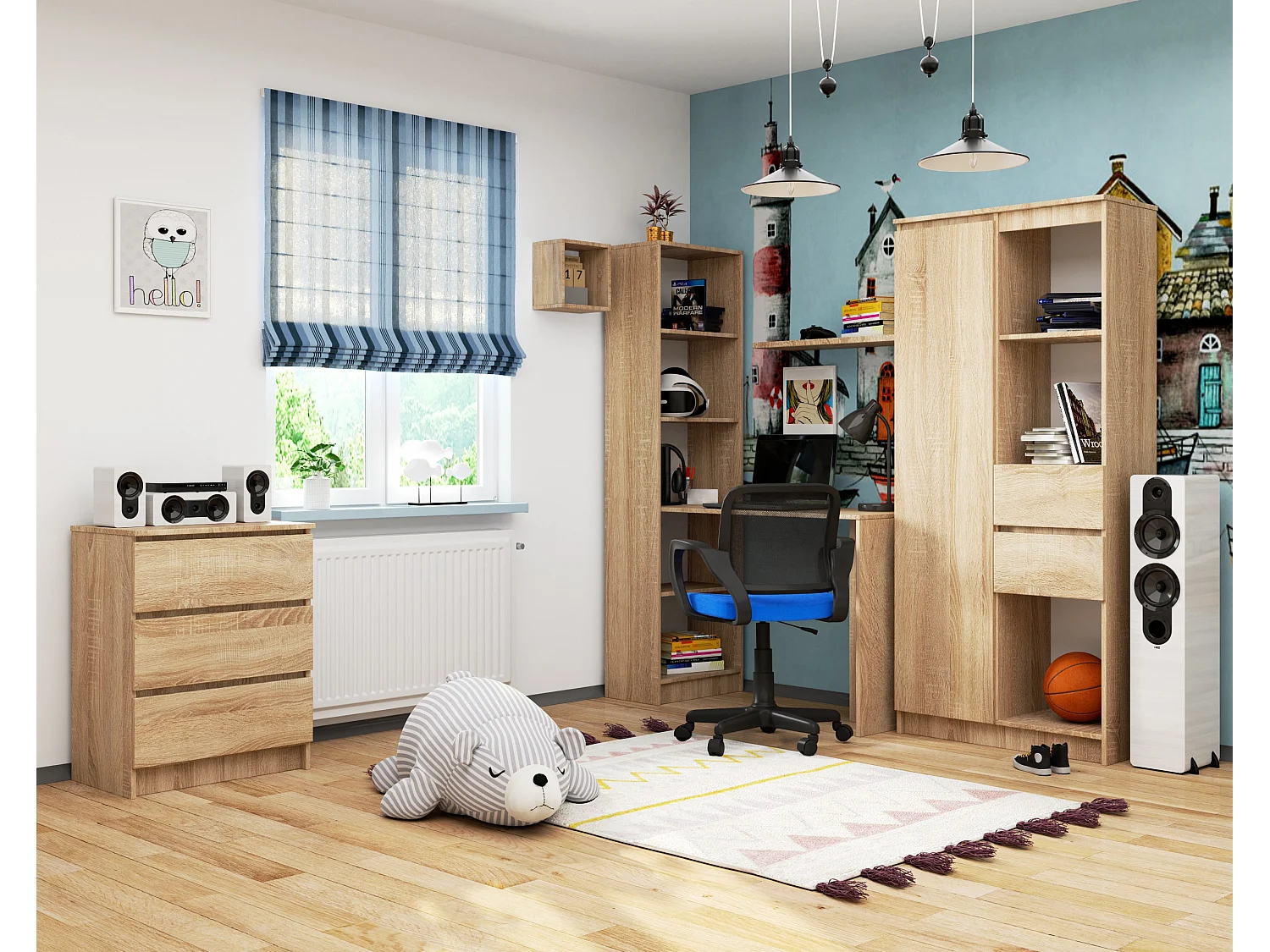 Ensemble bureau avec bibliothèque AKORD SMART Chêne Sonoma 125 cm façade Chêne Sonoma 5 étagères 125x50x180 cm