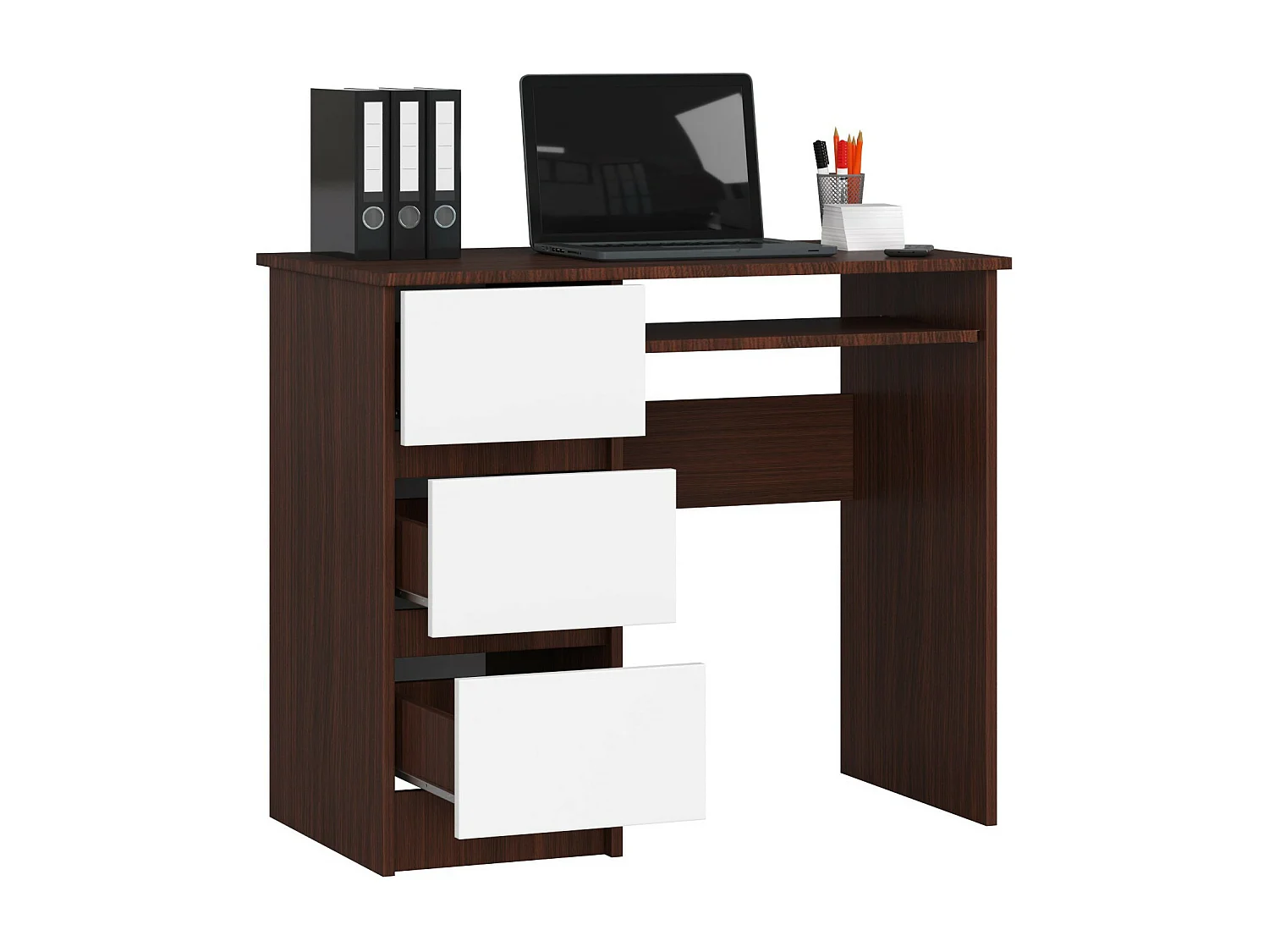 Bureau d'ordinateur AKORD gauche A6 Wengé 90 cm 3 tiroirs façade Blanche 1 étagère 90x50x77 cm
