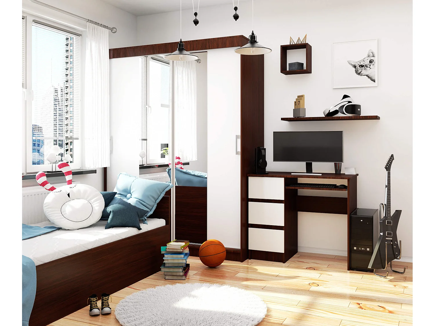 Bureau d'ordinateur AKORD gauche A6 Wengé 90 cm 3 tiroirs façade Blanche 1 étagère 90x50x77 cm