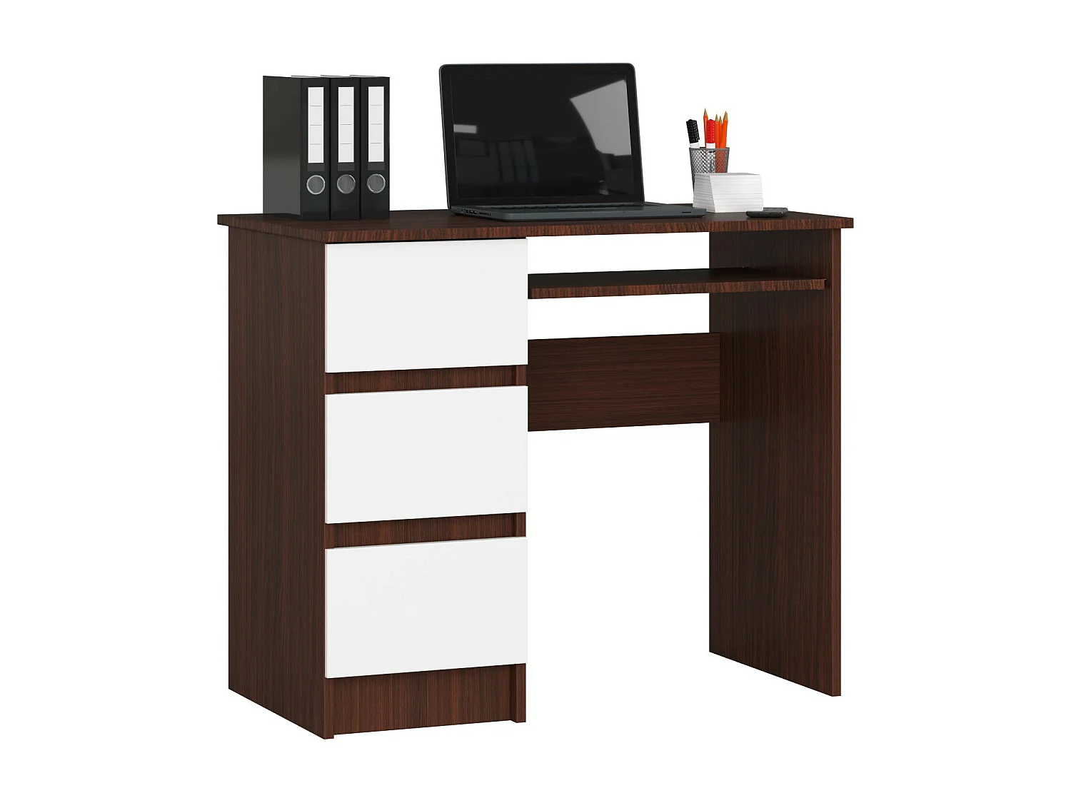Bureau d'ordinateur AKORD gauche A6 Wengé 90 cm 3 tiroirs façade Blanche 1 étagère 90x50x77 cm