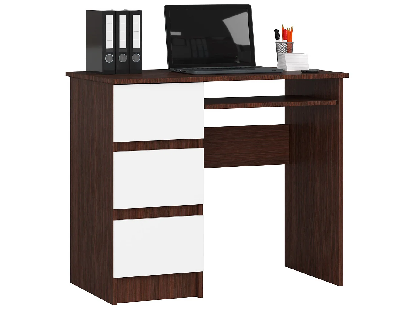Bureau d'ordinateur AKORD gauche A6 Wengé 90 cm 3 tiroirs façade Blanche 1 étagère 90x50x77 cm