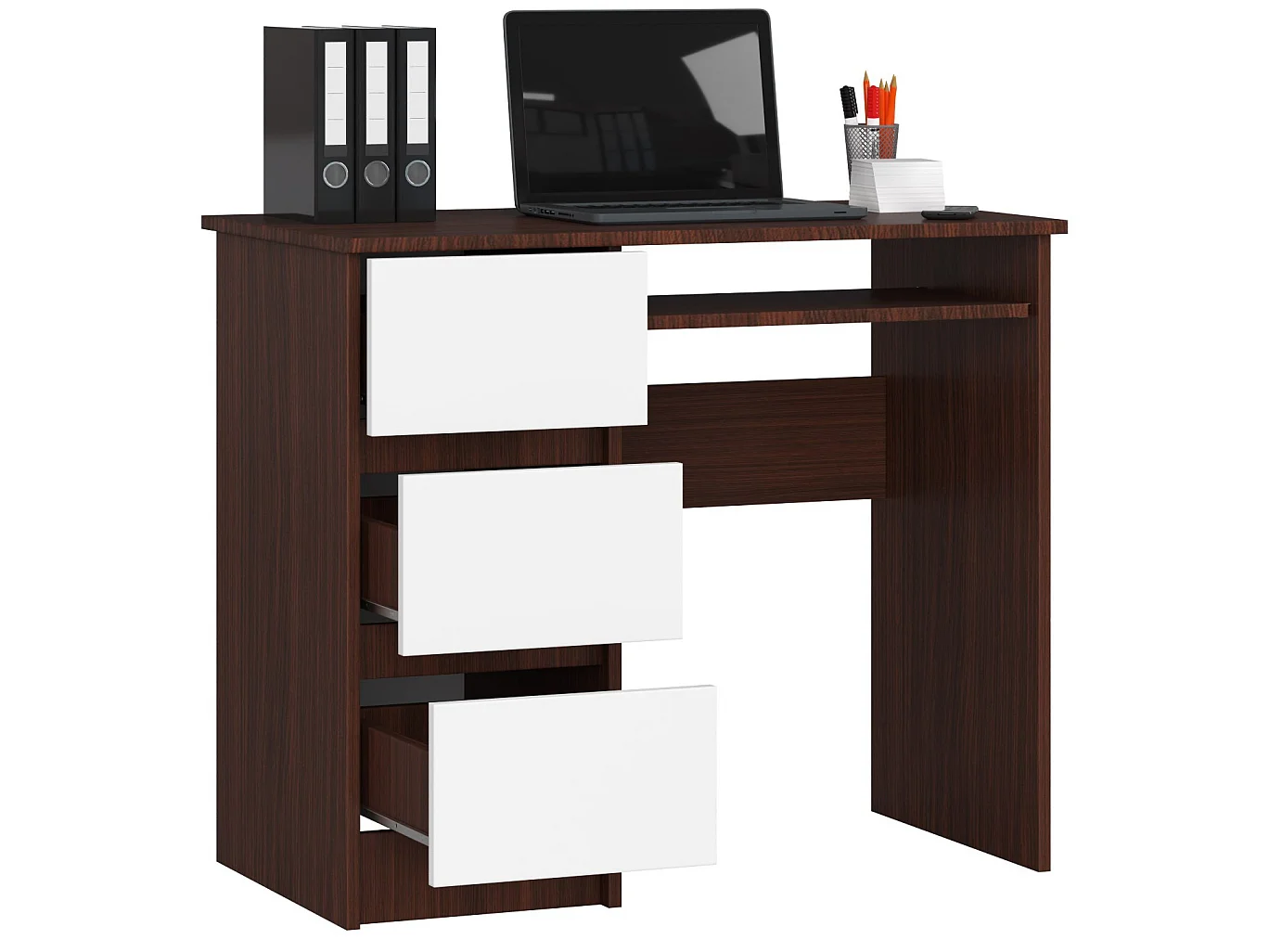 Bureau d'ordinateur AKORD gauche A6 Wengé 90 cm 3 tiroirs façade Blanche 1 étagère 90x50x77 cm
