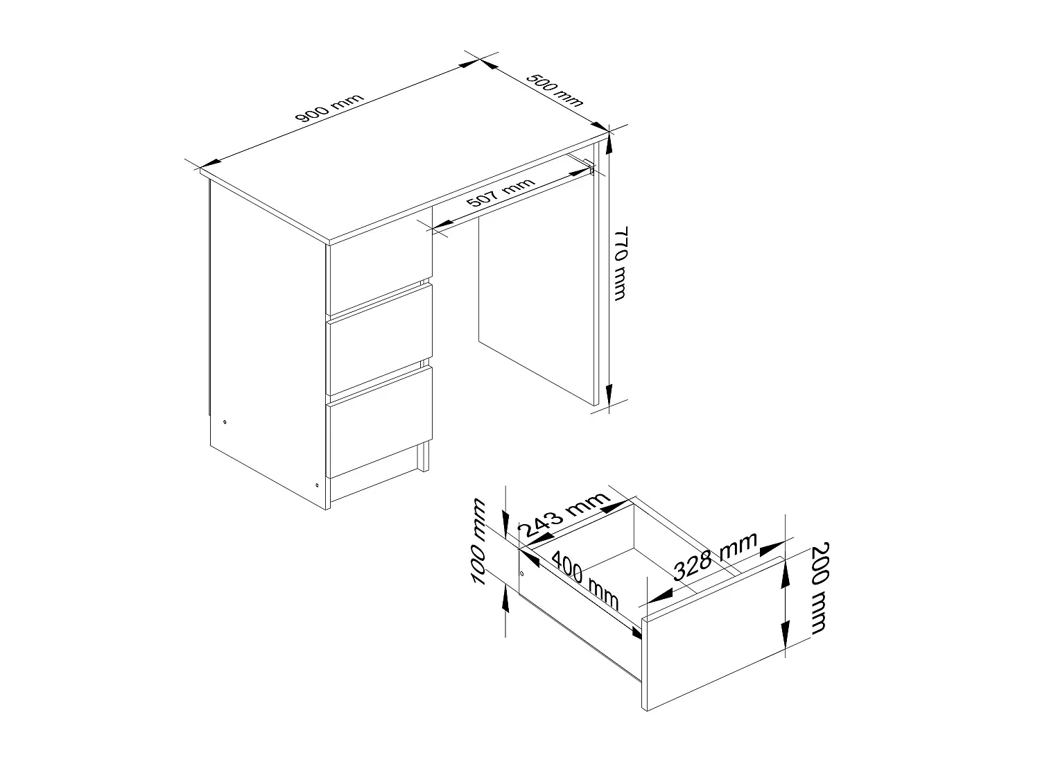 Bureau d'ordinateur AKORD gauche A6 Wengé 90 cm 3 tiroirs façade Blanche 1 étagère 90x50x77 cm