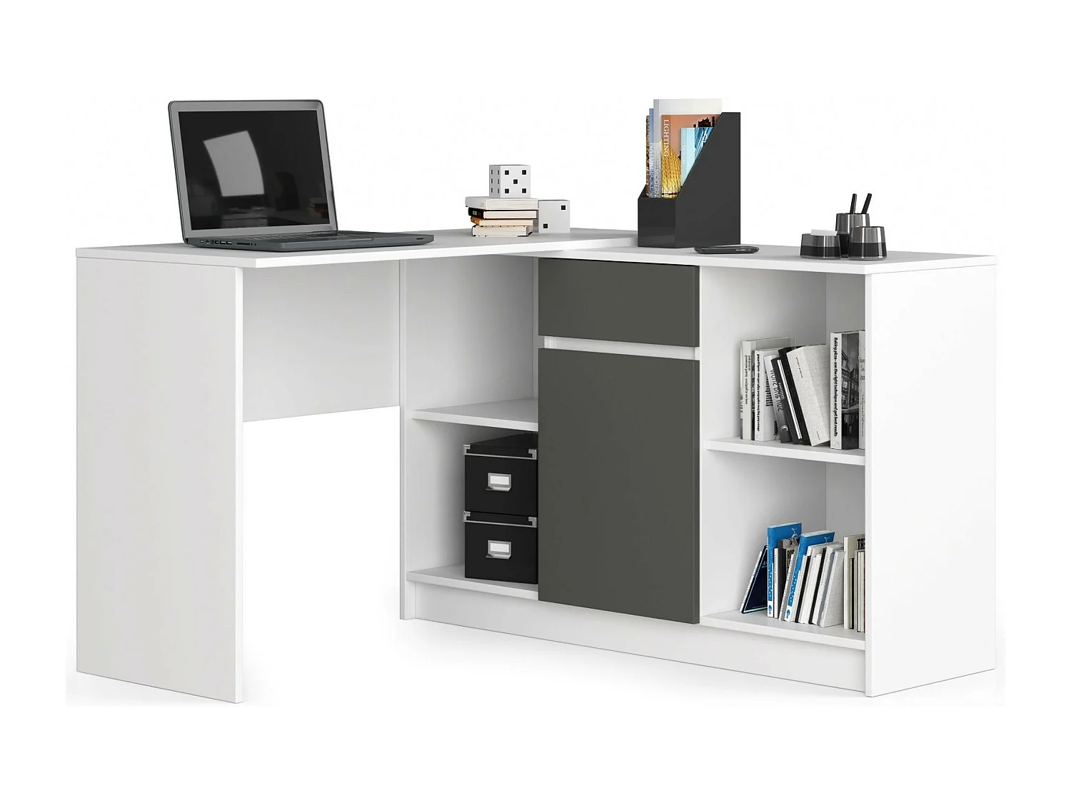 Eck-Schreibtisch AKORD B17 2-in-1 Kombination mit Kommode in der Farbe Weiß Schublade Front Graphitgrau und 6 Ablagen B120 x H79 x T126 cm