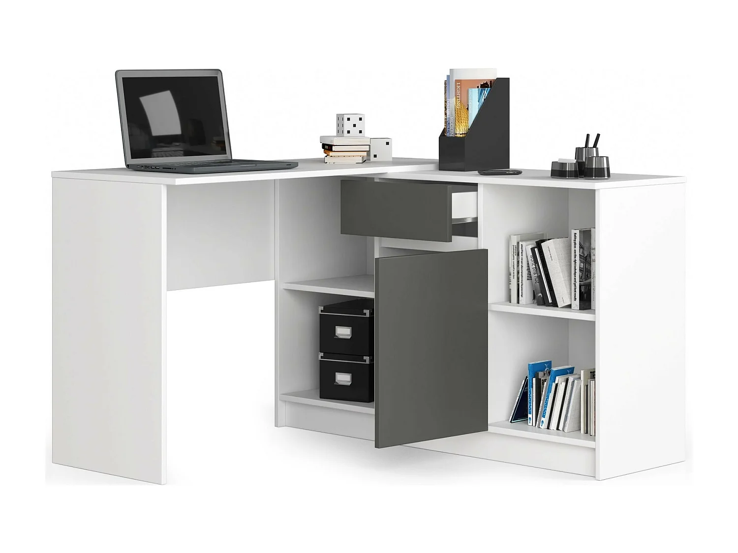 Eck-Schreibtisch AKORD B17 2-in-1 Kombination mit Kommode in der Farbe Weiß Schublade Front Graphitgrau und 6 Ablagen B120 x H79 x T126 cm
