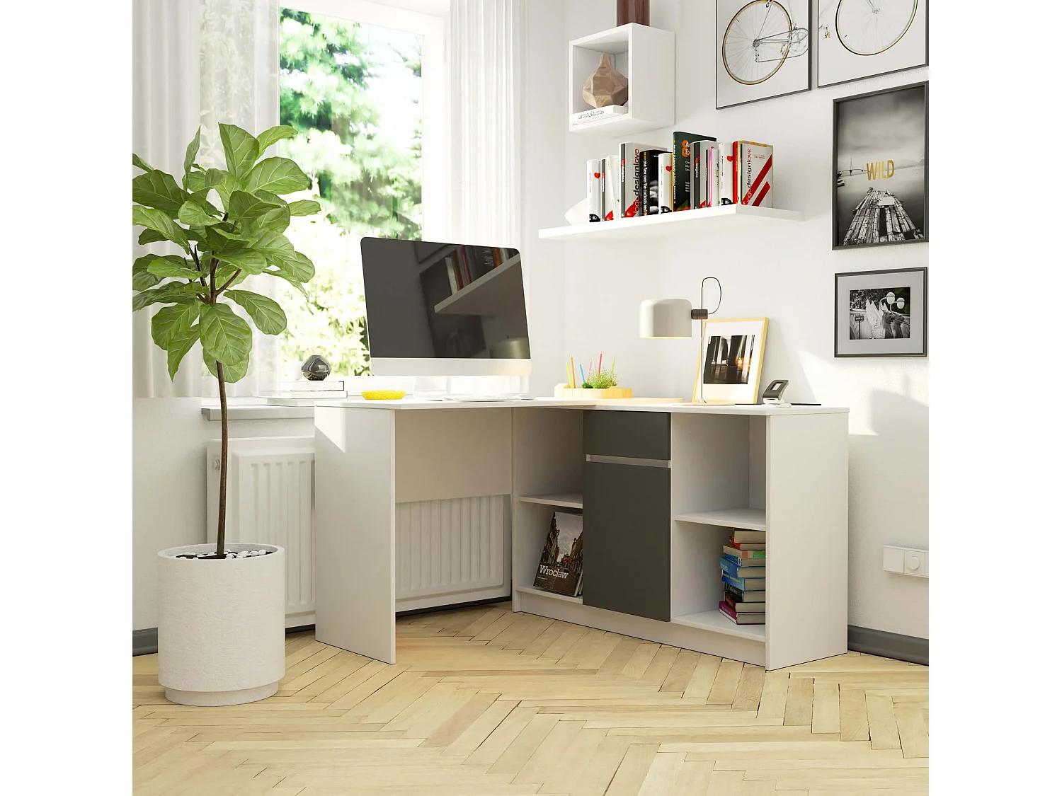 Eck-Schreibtisch AKORD B17 2-in-1 Kombination mit Kommode in der Farbe Weiß Schublade Front Graphitgrau und 6 Ablagen B120 x H79 x T126 cm