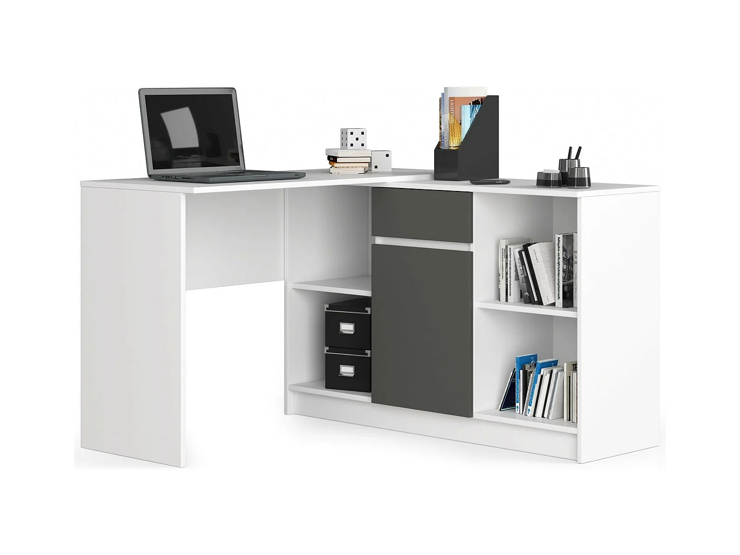 Ensemble d'angle AKORD bureau B17 avec commode Blanc 120 cm 1 porte 1 tiroir façade Gris Graphite 6 étagères 120x126x79 cm