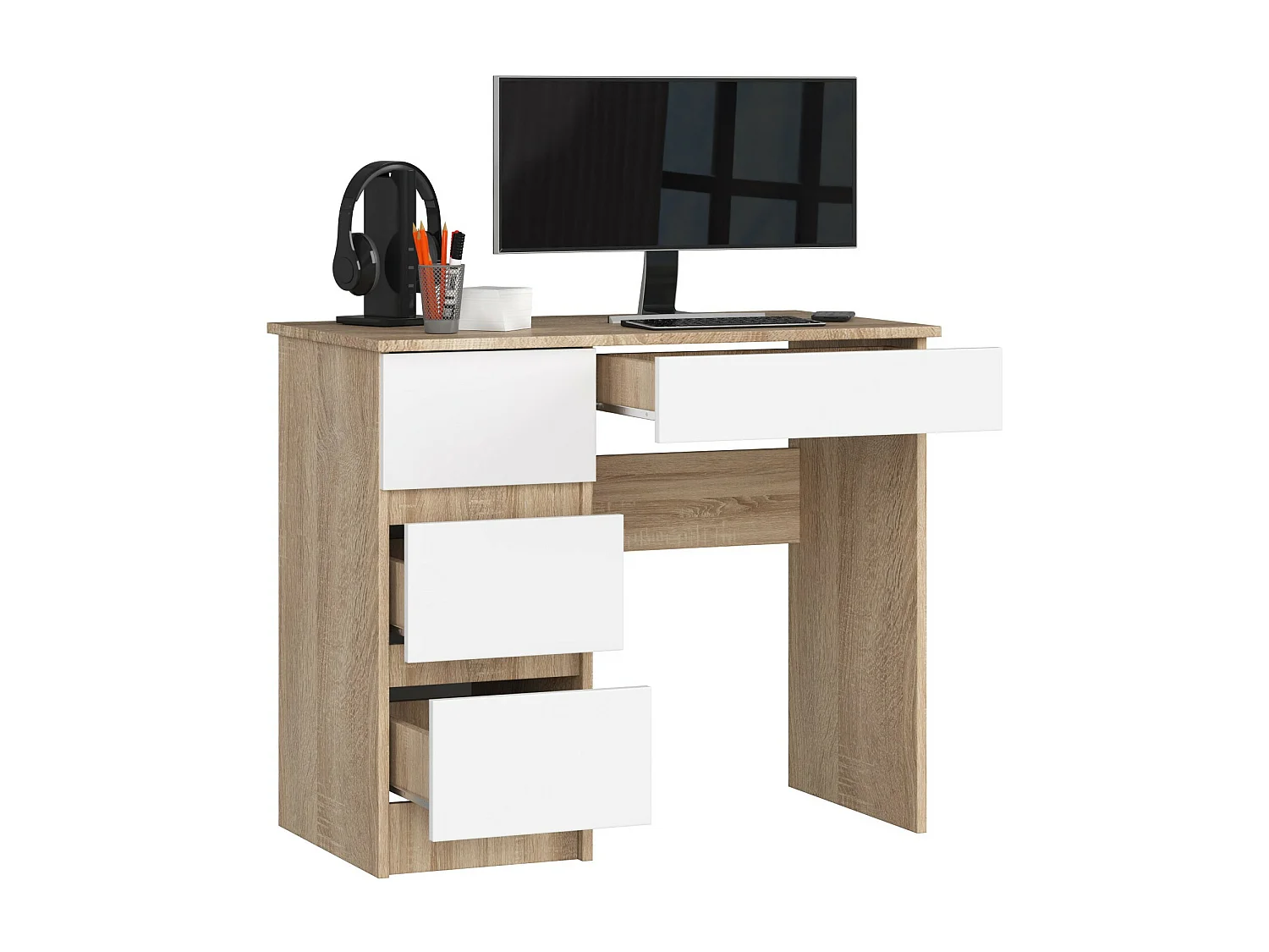 Links Bureau Links Sonoma Eiken/Wit - Linkeruitvoering - 90 cm Breed, 4 Lades, Zelfmontage