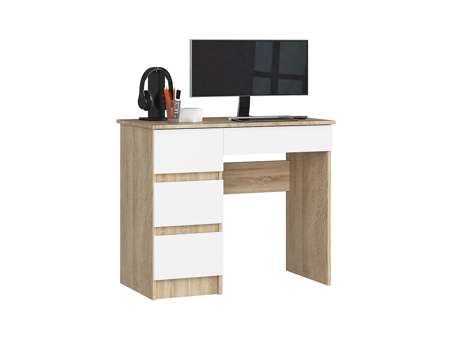 Bureau d'ordinateur AKORD gauche A7 Chêne Sonoma 90 cm 4 tiroirs façade Blanche 90x50x77 cm