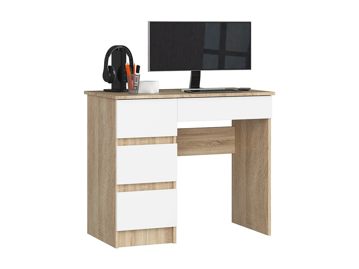 Links Bureau Links Sonoma Eiken/Wit - Linkeruitvoering - 90 cm Breed, 4 Lades, Zelfmontage