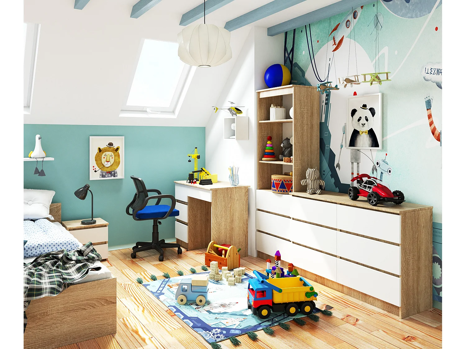 Links Bureau Links Sonoma Eiken/Wit - Linkeruitvoering - 90 cm Breed, 4 Lades, Zelfmontage