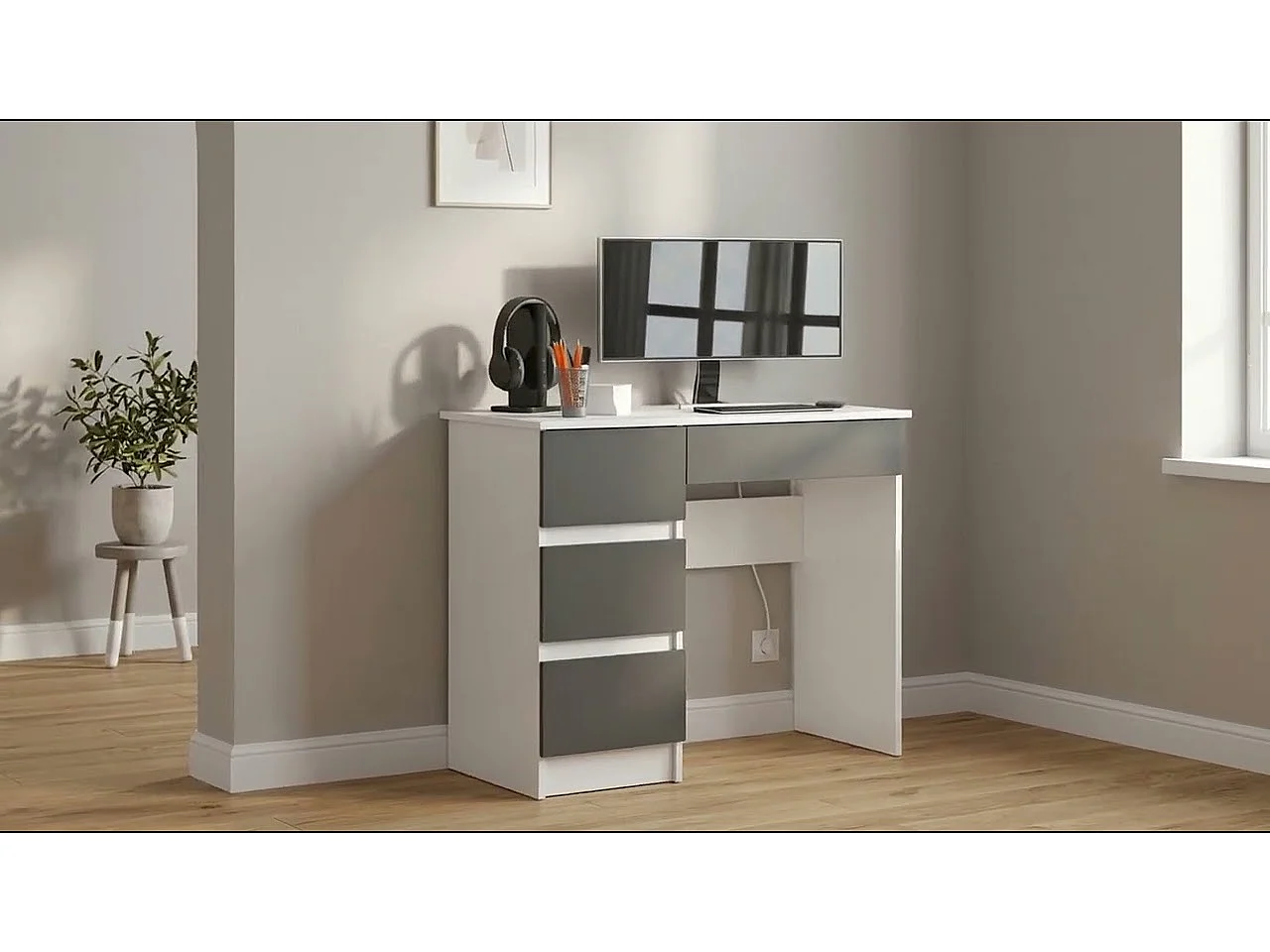 Bureau d'ordinateur AKORD gauche A7 Chêne Sonoma 90 cm 4 tiroirs façade Blanche 90x50x77 cm