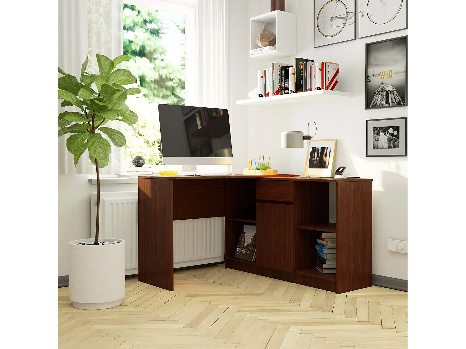 Eck-Schreibtisch AKORD B17 2-in-1 Kombination mit Kommode in der Farbe Wenge Schublade und 6 Ablagen B120 x H79 x T126 cm