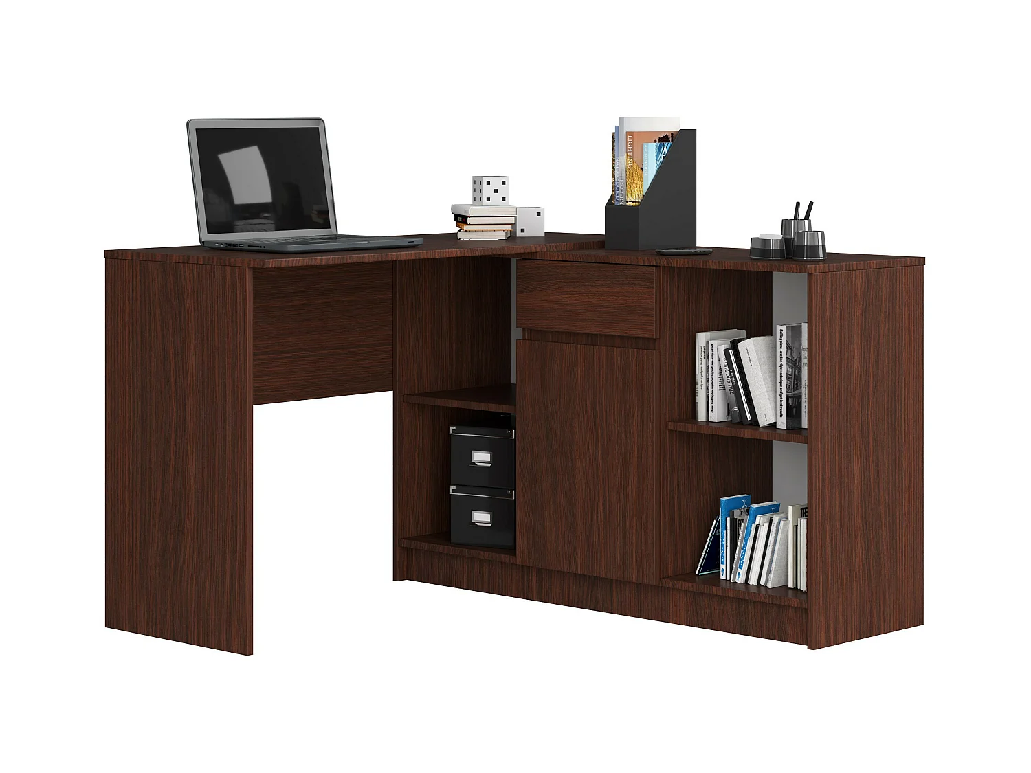 Ensemble d'angle AKORD bureau B17 avec commode Wengé 120 cm 1 porte 1 tiroir façade Wengé 6 étagères 120x126x79 cm