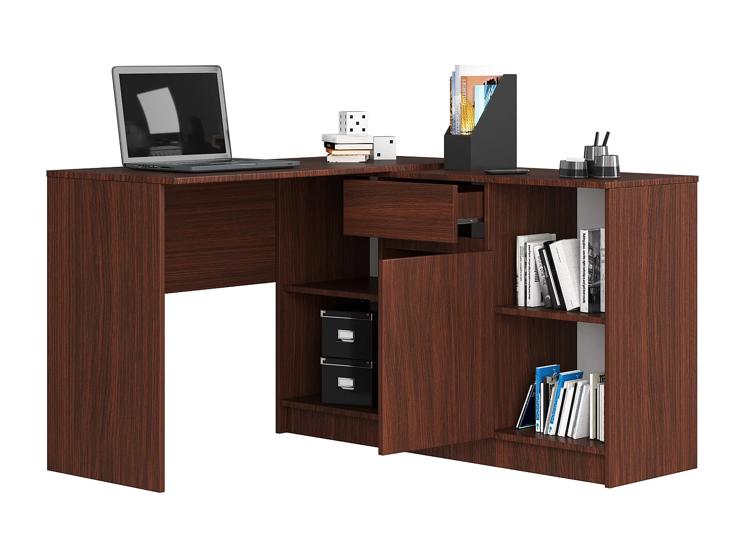 Biurko narożne AKORD B17 Wenge 120 cm Zestaw z komodą 1 drzwi 1 szuflada kolor Wenge mat 6 półek 120x126x79 cm