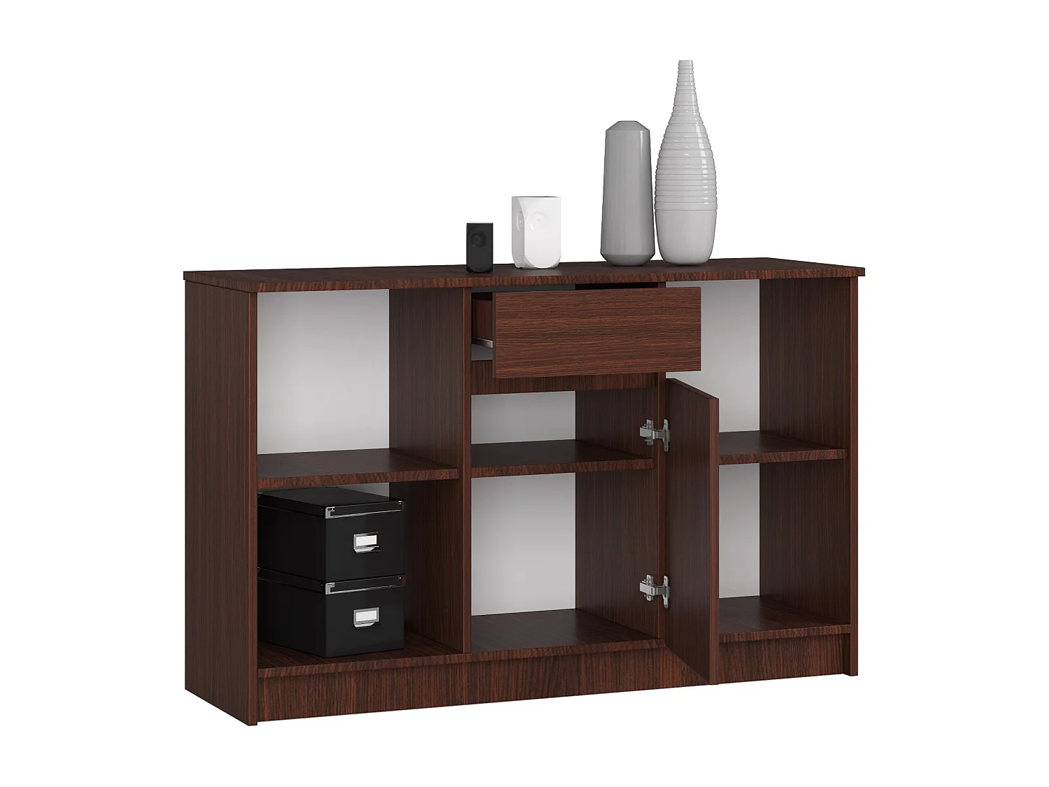 Biurko narożne AKORD B17 Wenge 120 cm Zestaw z komodą 1 drzwi 1 szuflada kolor Wenge mat 6 półek 120x126x79 cm