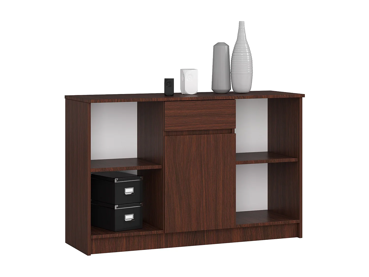 Ensemble d'angle AKORD bureau B17 avec commode Wengé 120 cm 1 porte 1 tiroir façade Wengé 6 étagères 120x126x79 cm