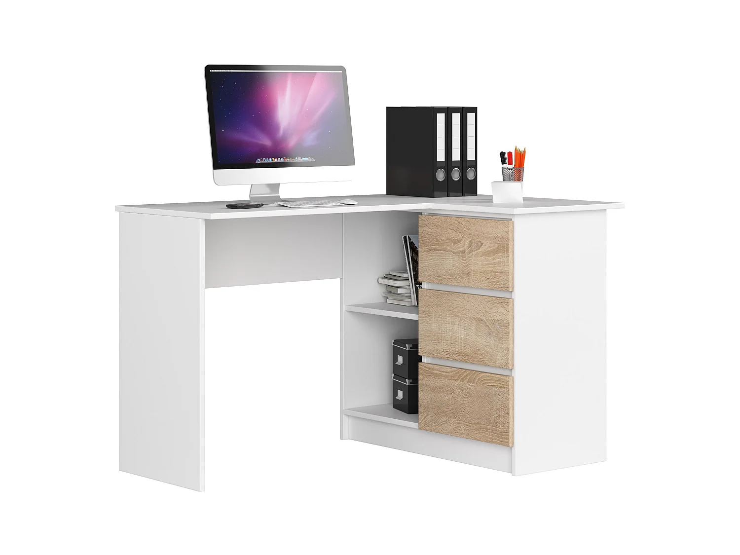 Scrivania angolare AKORD B16 Bianco 124 cm 3 cassetti inserto frontale Sonoma Quercia 124x85x77 cm Modello a destra
