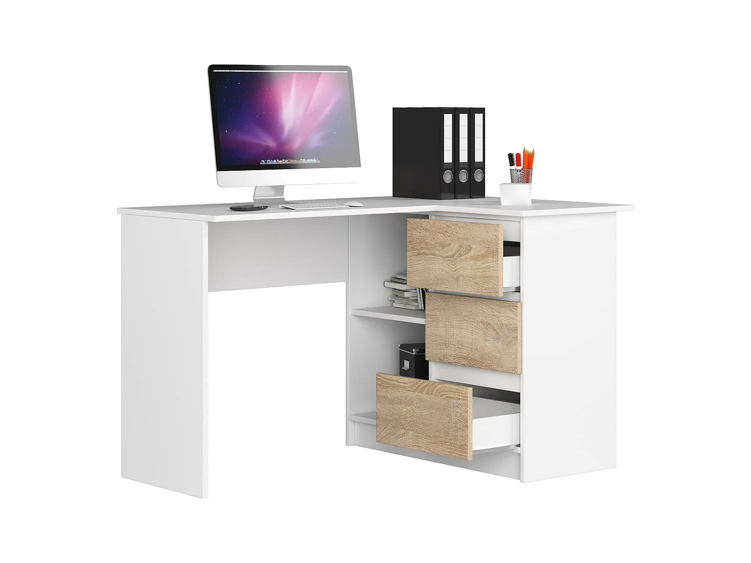 Scrivania angolare AKORD B16 Bianco 124 cm 3 cassetti inserto frontale Sonoma Quercia 124x85x77 cm Modello a destra