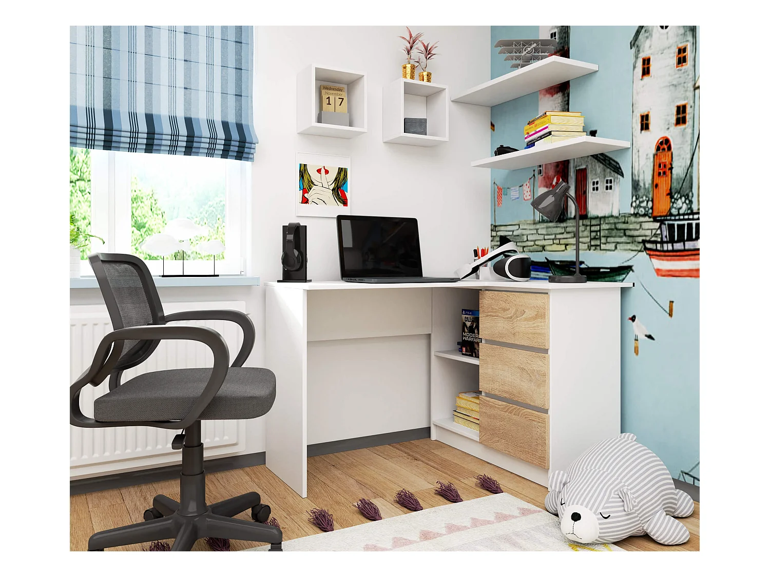 Scrivania angolare AKORD B16 Bianco 124 cm 3 cassetti inserto frontale Sonoma Quercia 124x85x77 cm Modello a destra