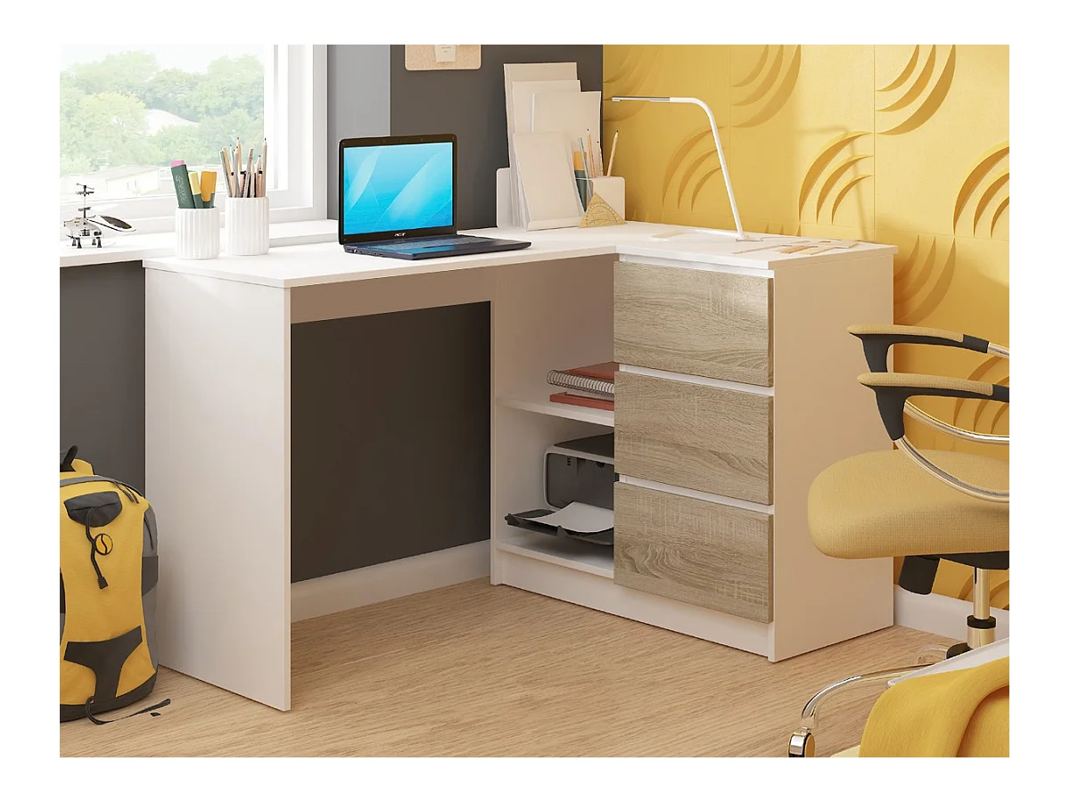 Scrivania angolare AKORD B16 Bianco 124 cm 3 cassetti inserto frontale Sonoma Quercia 124x85x77 cm Modello a destra