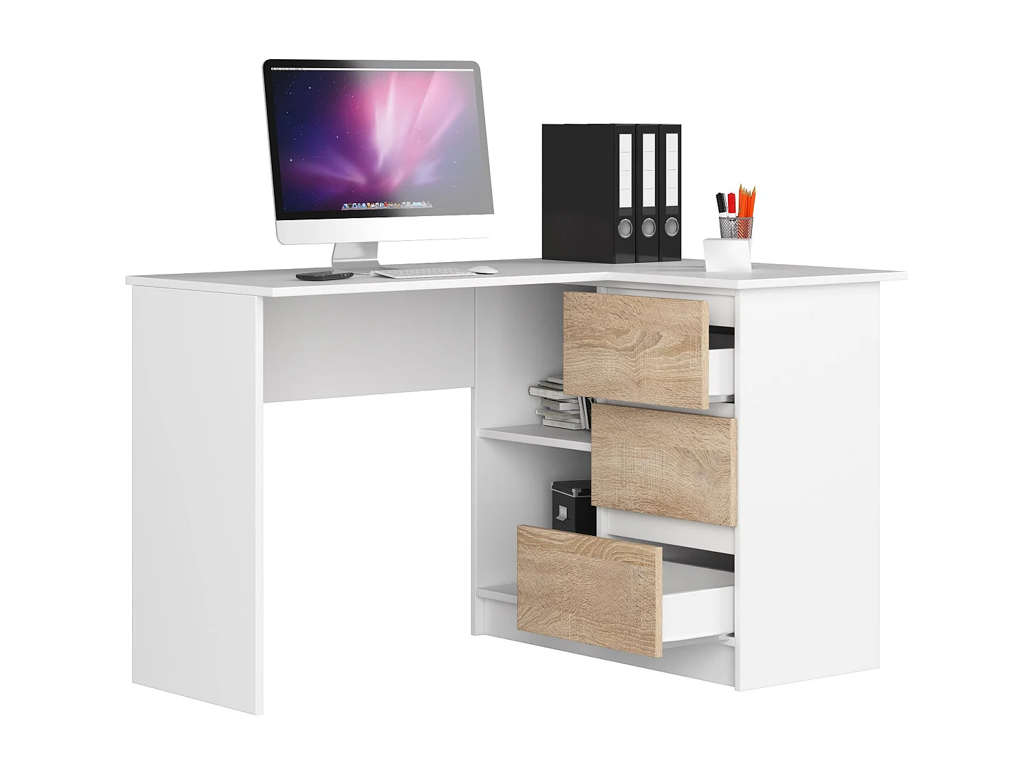 Bureau AKORD d'angle droit B16 Blanc 124 cm 3 tiroirs façade Chêne Sonoma 2 étagères 124x85x77 cm