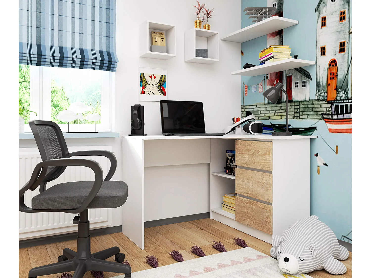 Bureau AKORD d'angle droit B16 Blanc 124 cm 3 tiroirs façade Chêne Sonoma 2 étagères 124x85x77 cm