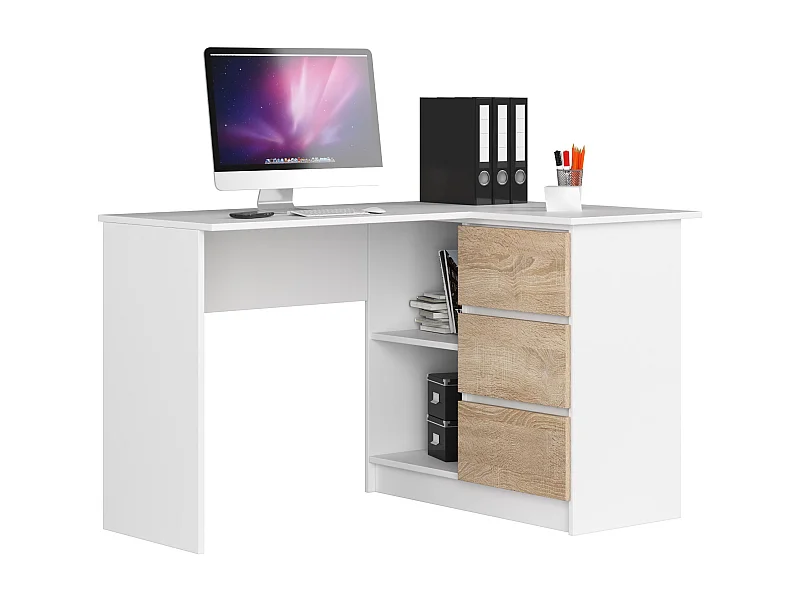 Bureau AKORD d'angle droit B16 Blanc 124 cm 3 tiroirs façade Chêne Sonoma 2 étagères 124x85x77 cm