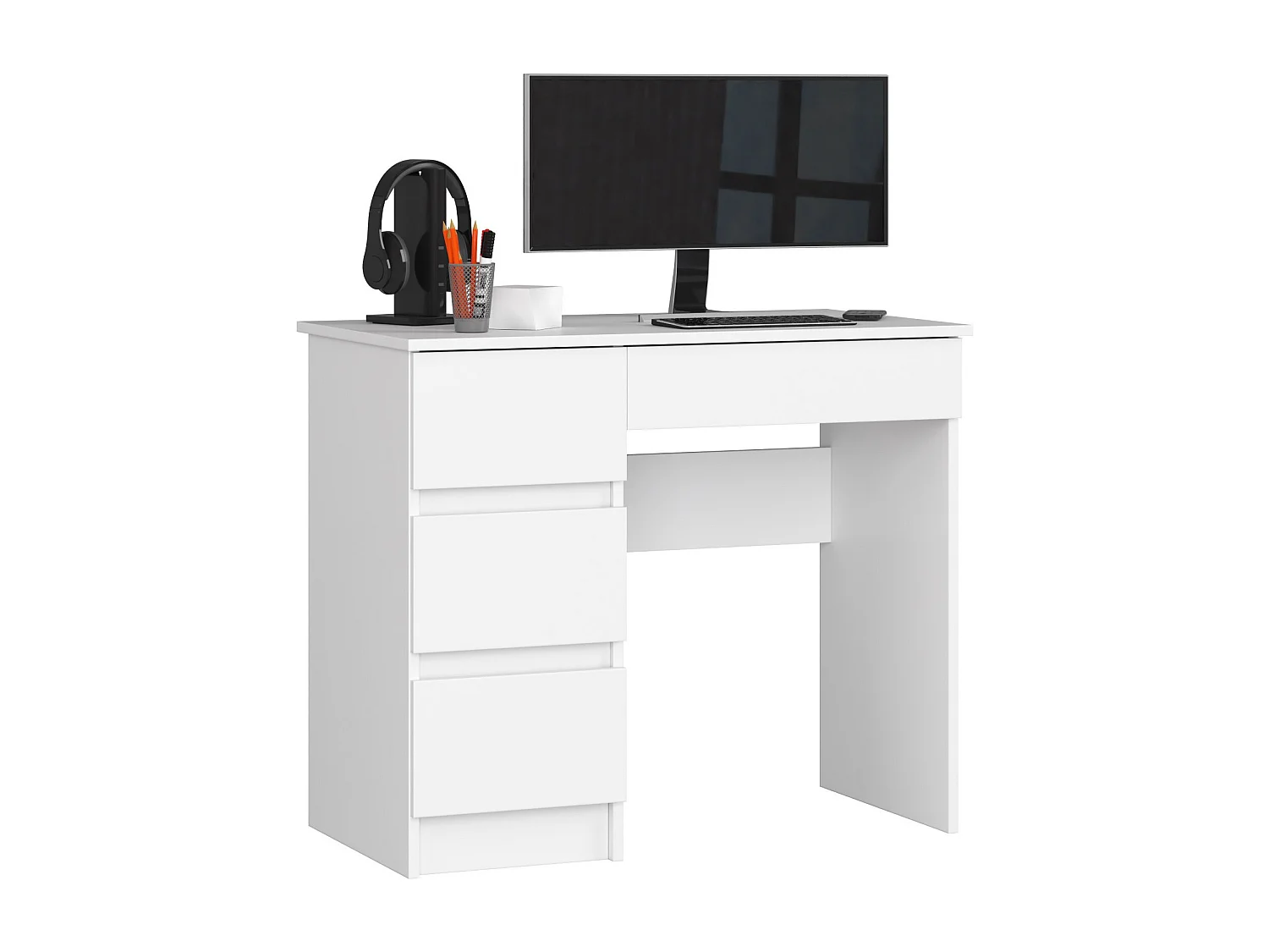 PC-Schreibtisch AKORD A7 links in der Farbe Weiß mit 4 Schubladen B90 x H77 x T50 cm