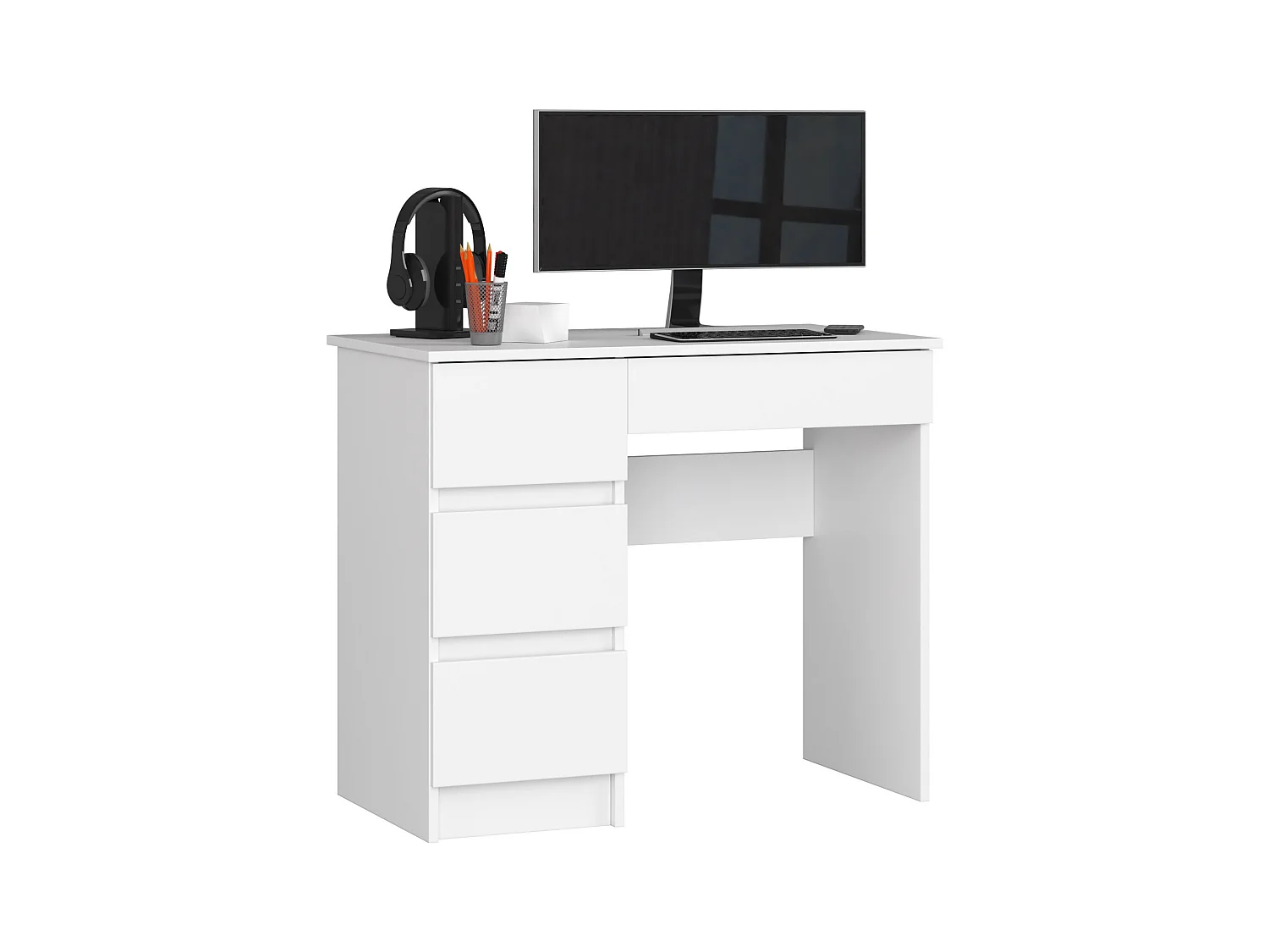Bureau d'ordinateur AKORD gauche A7 Blanc 90 cm 4 tiroirs façade Blanche 90x50x77 cm
