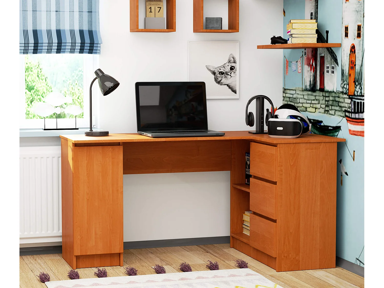 Scrivania angolare AKORD B20 Ontano 155 cm 1 anta 3 cassetti 155x85x77 cm Modello a destra