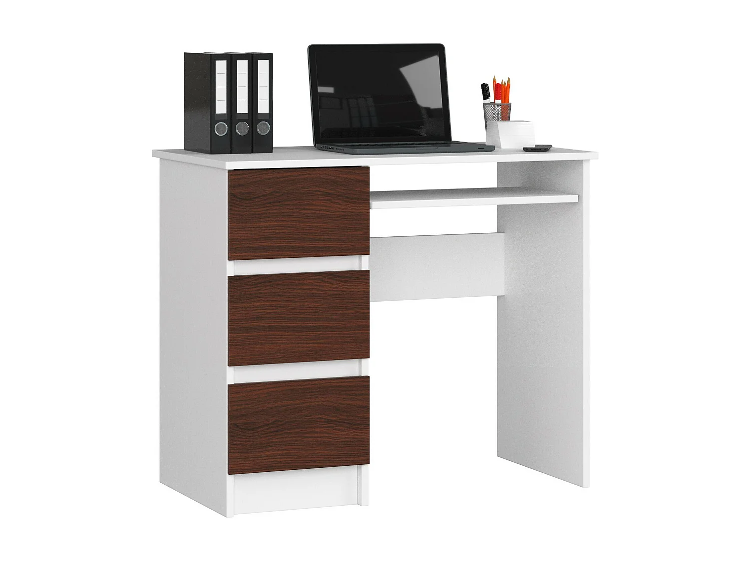 Bureau d'ordinateur AKORD gauche A6 Blanc 90 cm 3 tiroirs façade Wengé 1 étagère 90x50x77 cm