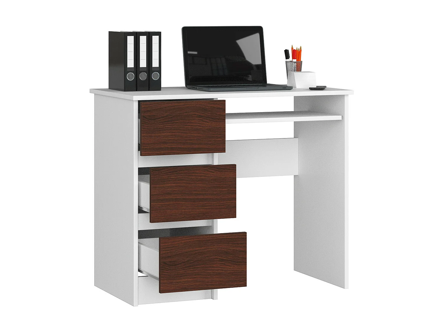 Bureau d'ordinateur AKORD gauche A6 Blanc 90 cm 3 tiroirs façade Wengé 1 étagère 90x50x77 cm