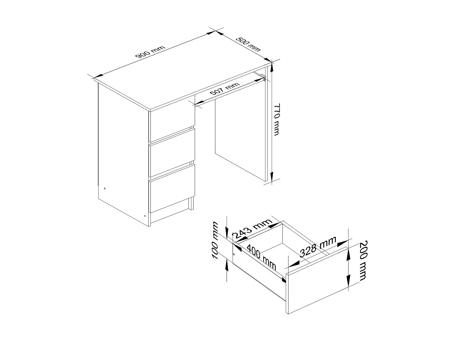 Bureau d'ordinateur AKORD gauche A6 Blanc 90 cm 3 tiroirs façade Wengé 1 étagère 90x50x77 cm
